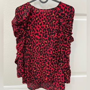 Zara Red Black Animal Print Evening GoingOut Top Rouched Shoulder Detail Size L